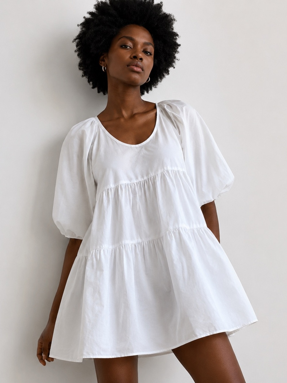 Aritzia Wilfred Taffeta Babydoll Dress White Size S Tiered Balloon Sleeve Mini